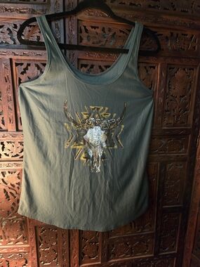 NOBO Olive Green Tank with Decorative Bull Skull Graphic